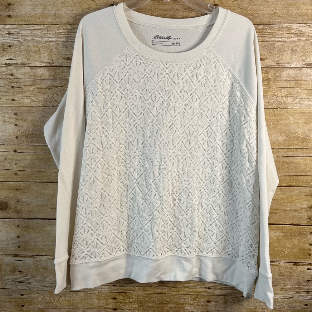 Eddie Bauer Women's Cream Textured Crocheted Overlay Top Sweatshirt EUC Size 2XL